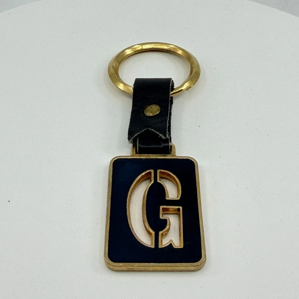 Navy Enamel Pearl Look Initial G Gold Tone Leather Keychain Monogram Bag Charm